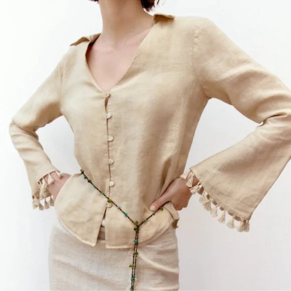 Zara button down beige linen fringe top